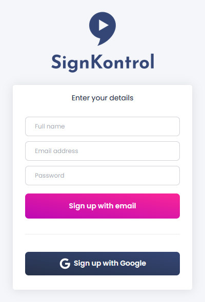 Register for an account with SignKontrol